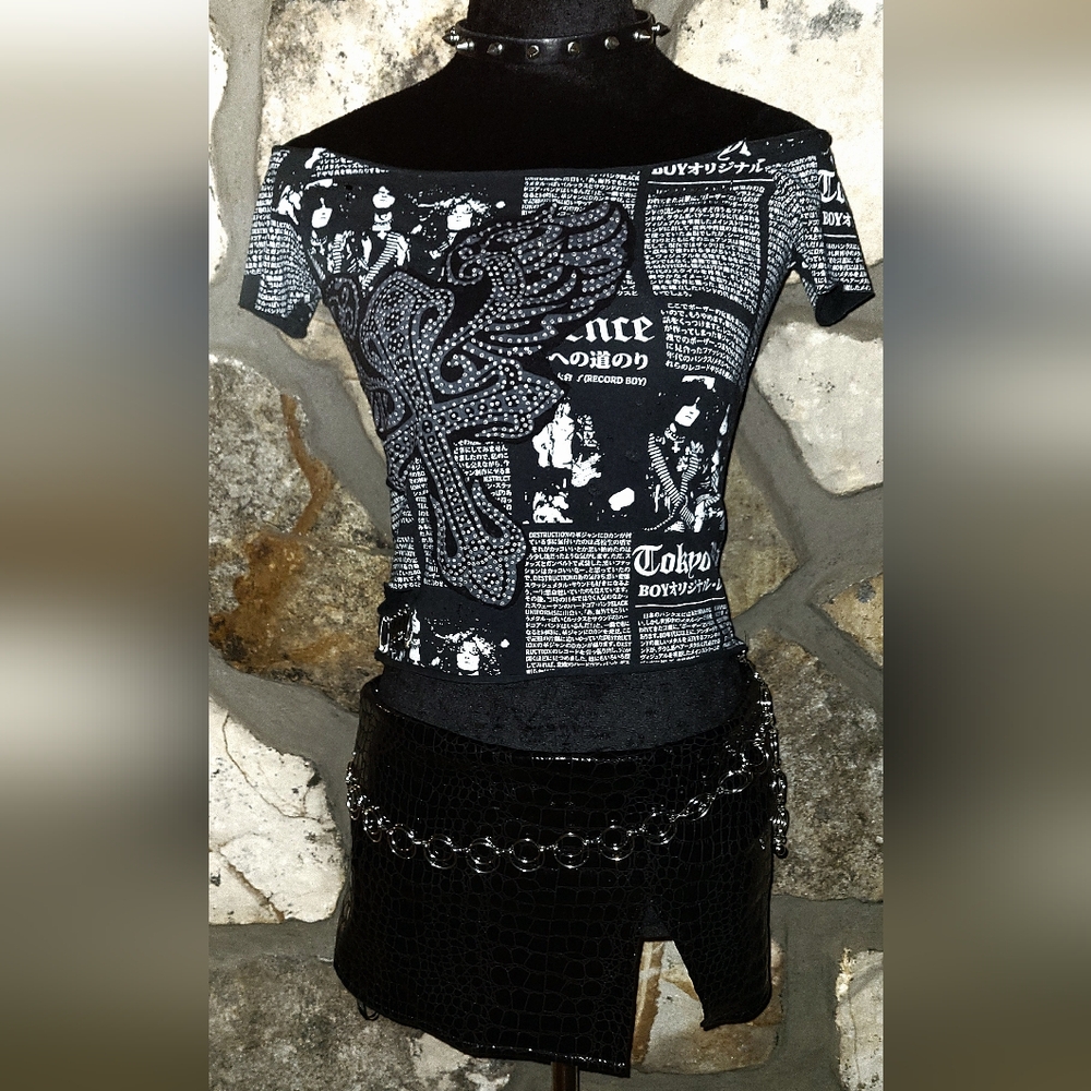 Off The Shoulder Upcycled Gothic Baby Tee - XS/S